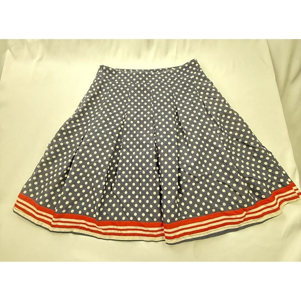 Vintage 80s Polka‎ Dot Skirt Nautical Red Stripe Hem Retro M